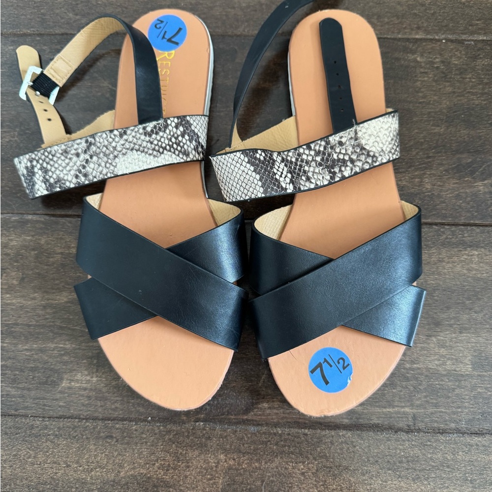 Restricted Black and Tan Sandals with Snakeskin Texture US 7.5